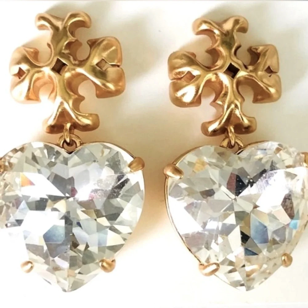 🔥🔥Tory Burch Authentic Roxanne Crystal Clear Heart Drop Earrings